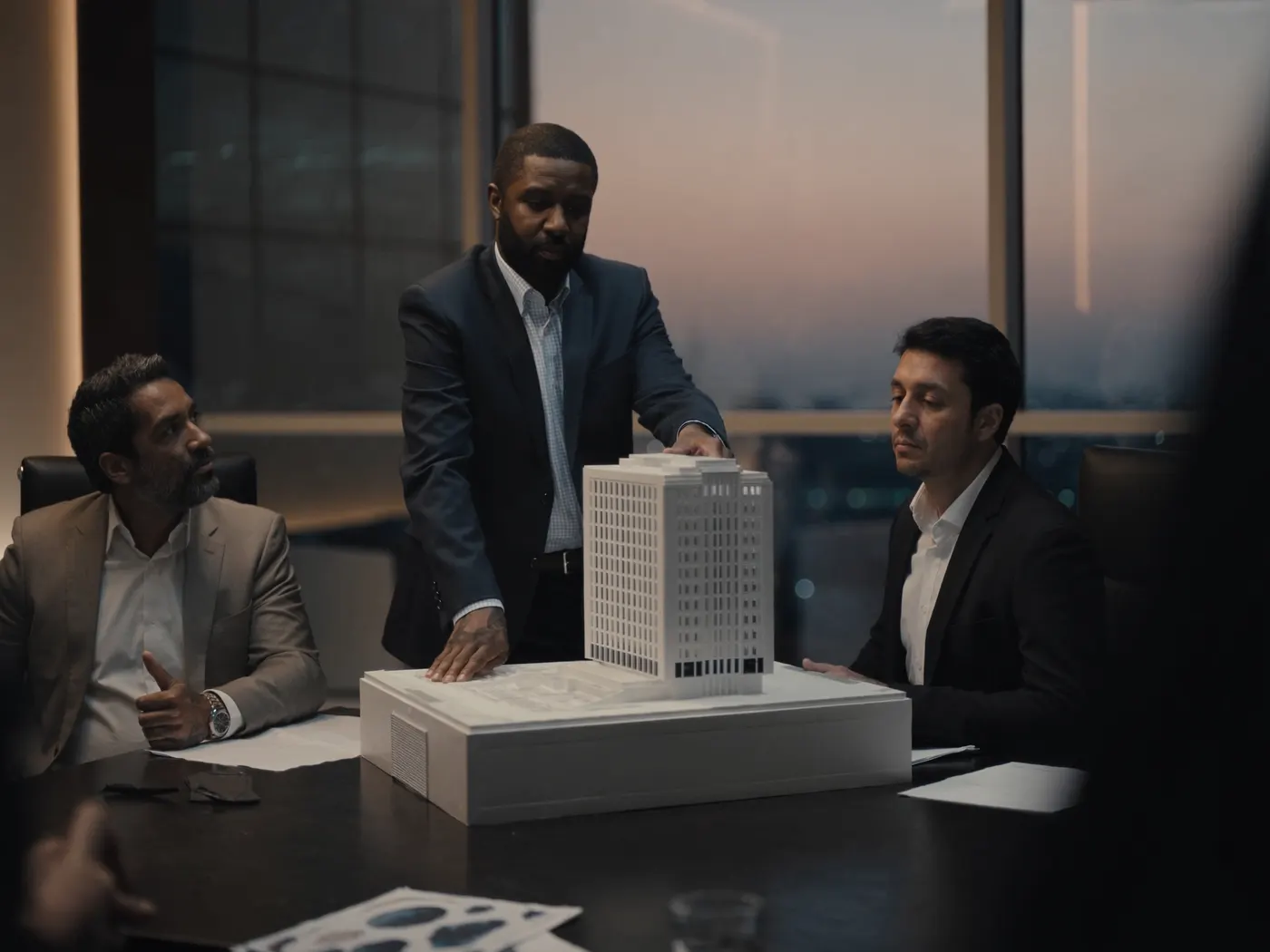 Executives reviewing an architectural model in a boardroom at dusk
