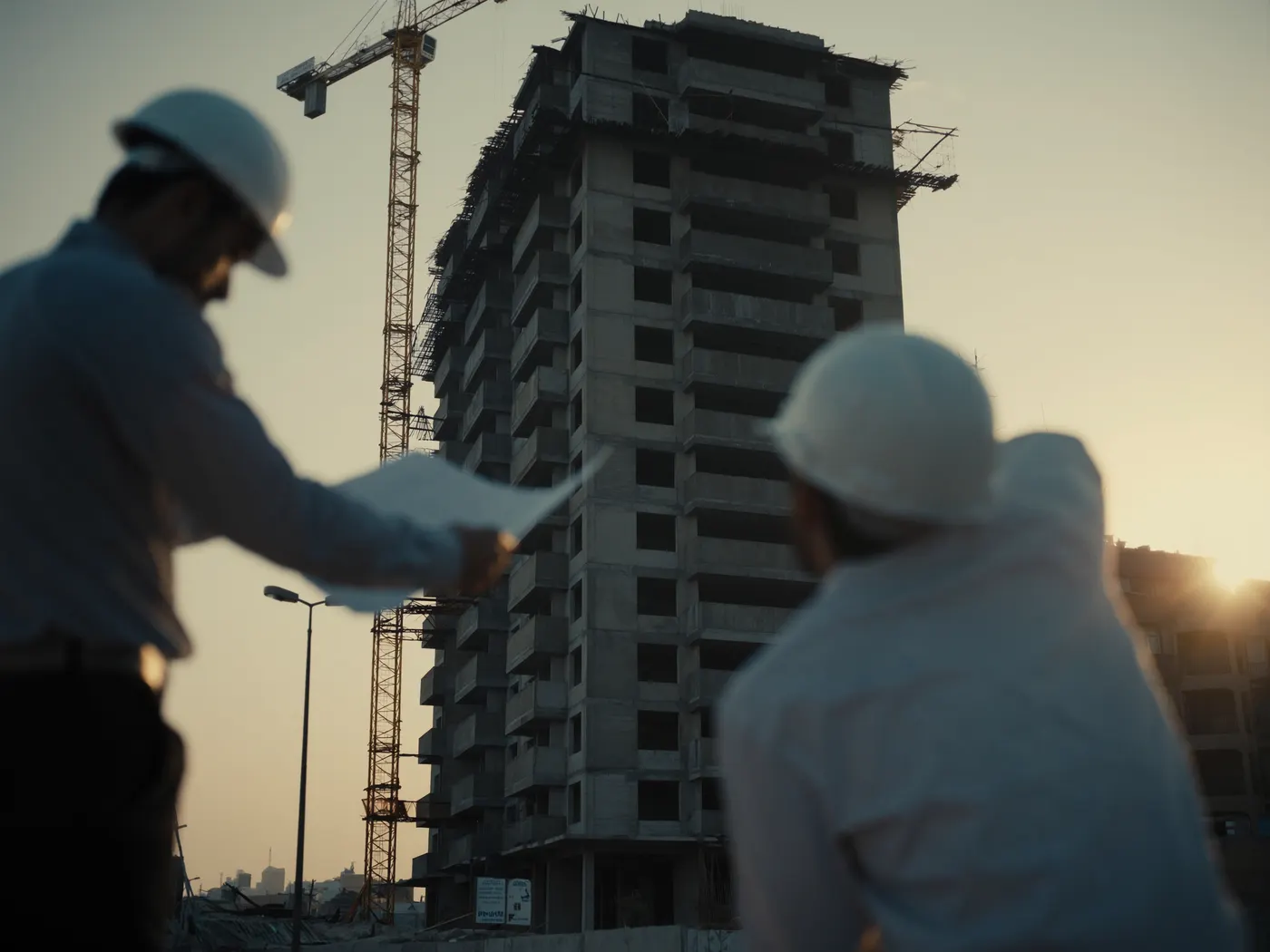 A residential building under construction at sunrise