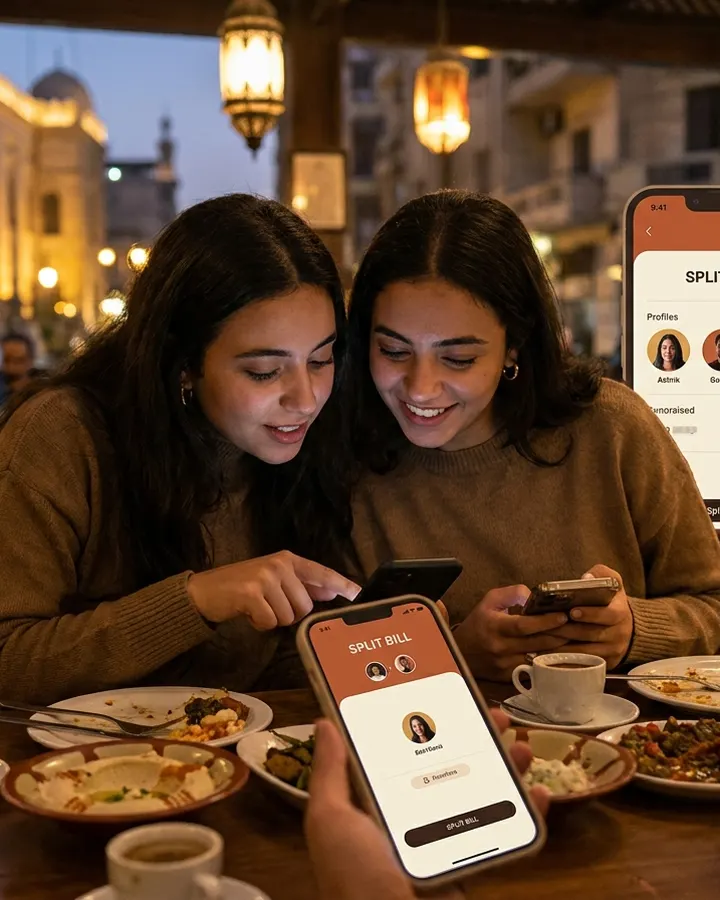 Two friends splitting a bill on their phones at a café in Cairo
