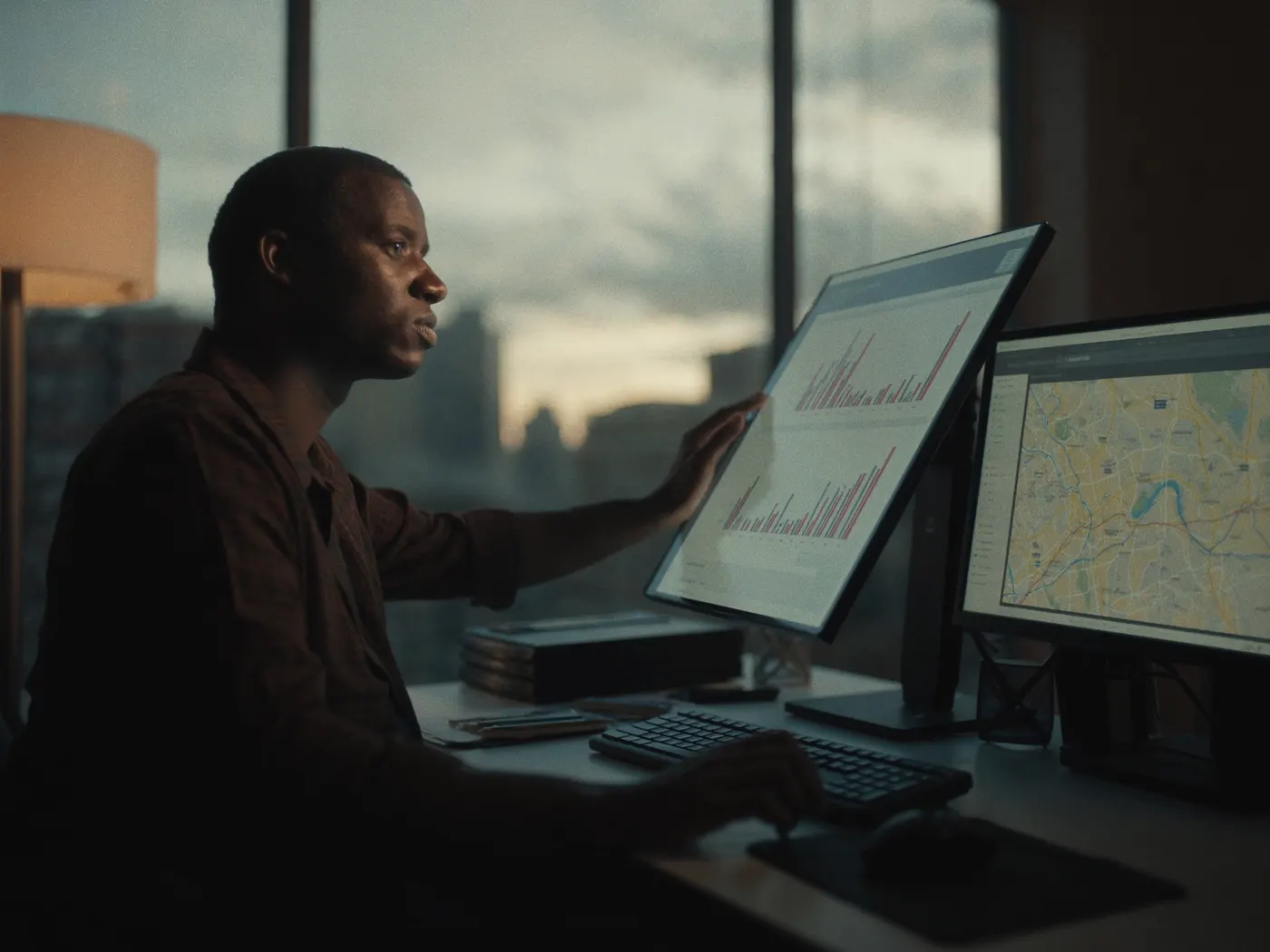 An analyst reviewing market charts and a city map