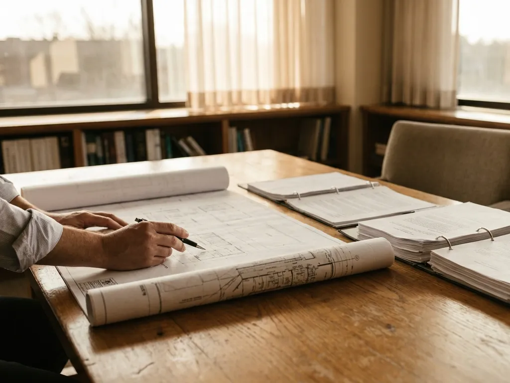 Architectural plans and bound reports on a meeting table